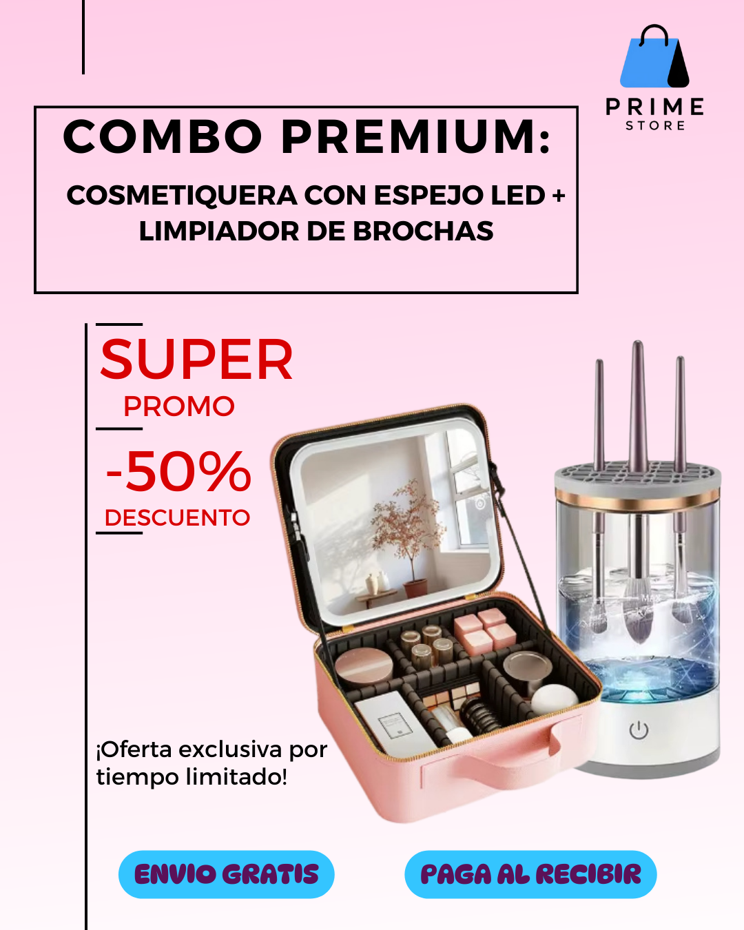 Combo Premium: Cosmetiquera con Espejo LED + Limpiador de Brochas