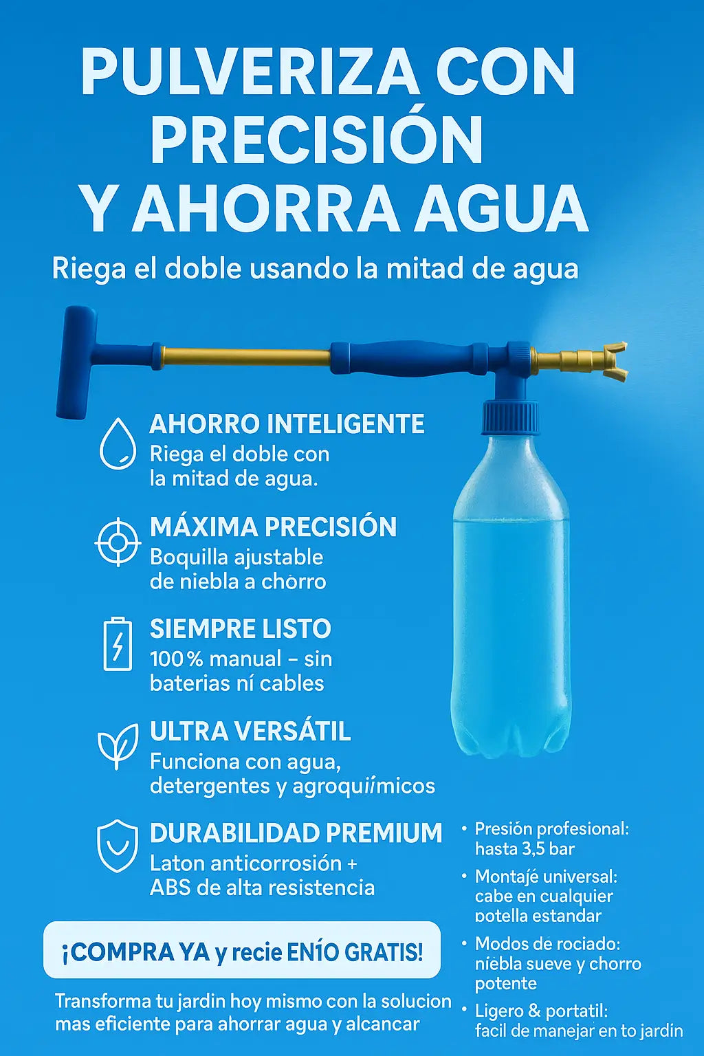 Pulverizador Manual de Jardín: Riega usando hasta 50 % menos agua